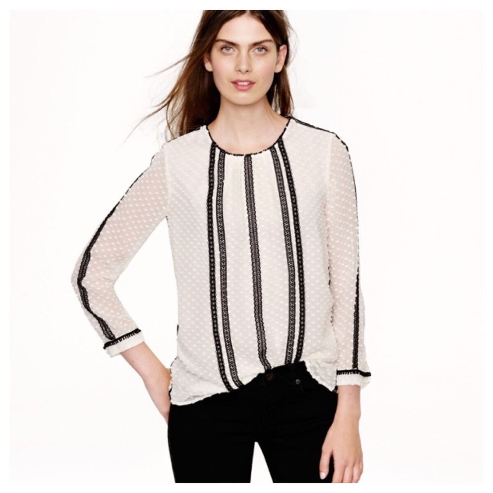 J Crew Lace Trim Swiss Dot Button Back Blouse 6